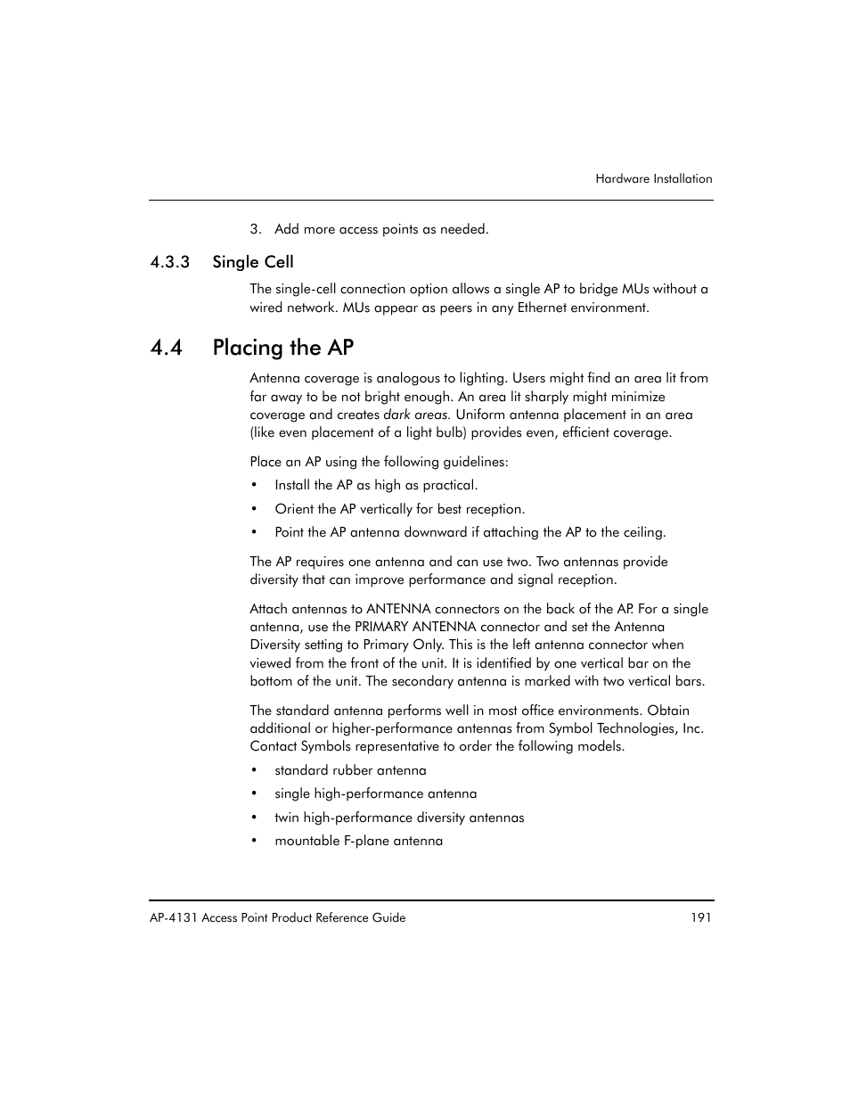 3 single cell, 4 placing the ap | Symbol Technologies Spectrum24 AP-4131 User Manual | Page 201 / 250