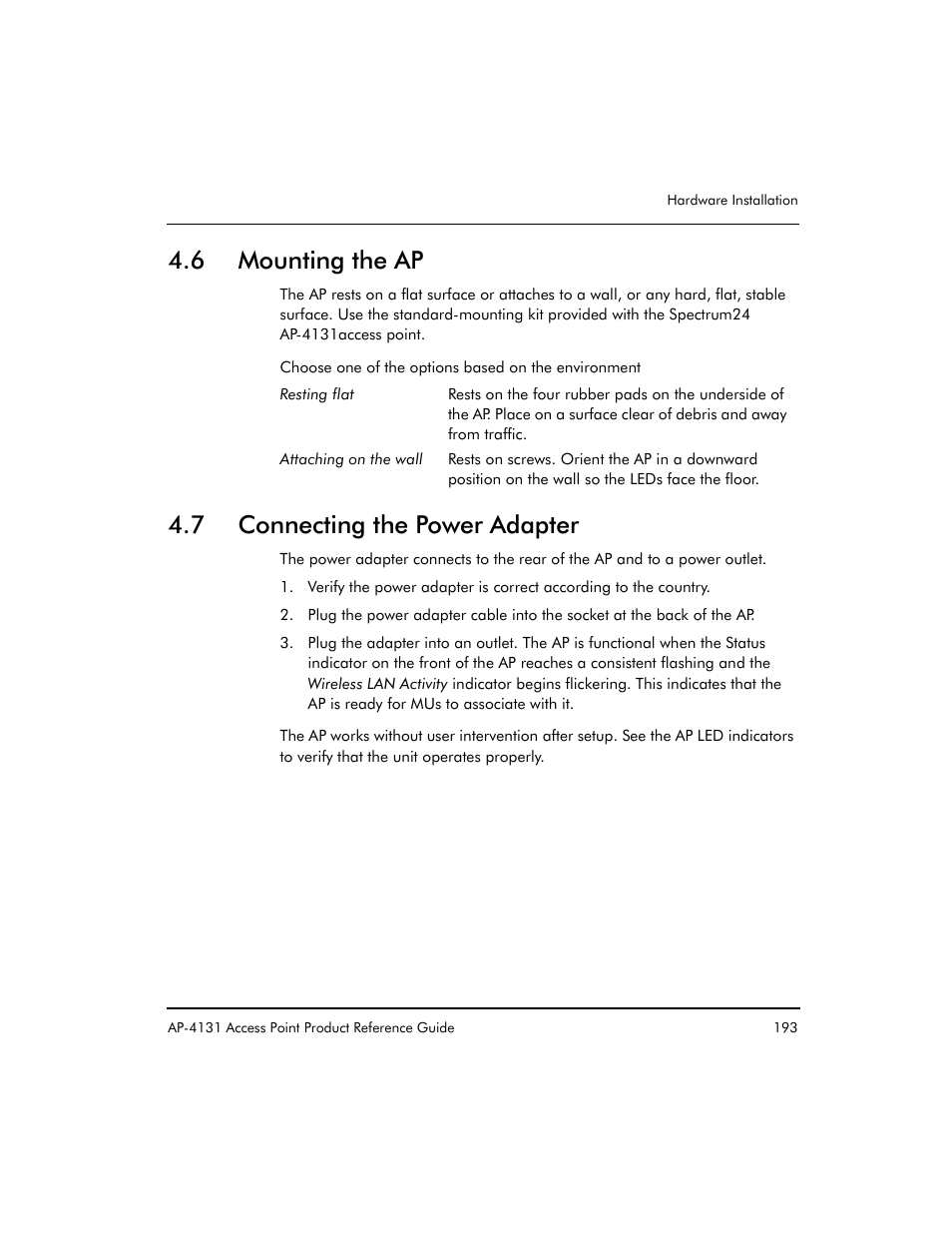 6 mounting the ap, 7 connecting the power adapter | Symbol Technologies Spectrum24 AP-4131 User Manual | Page 203 / 250