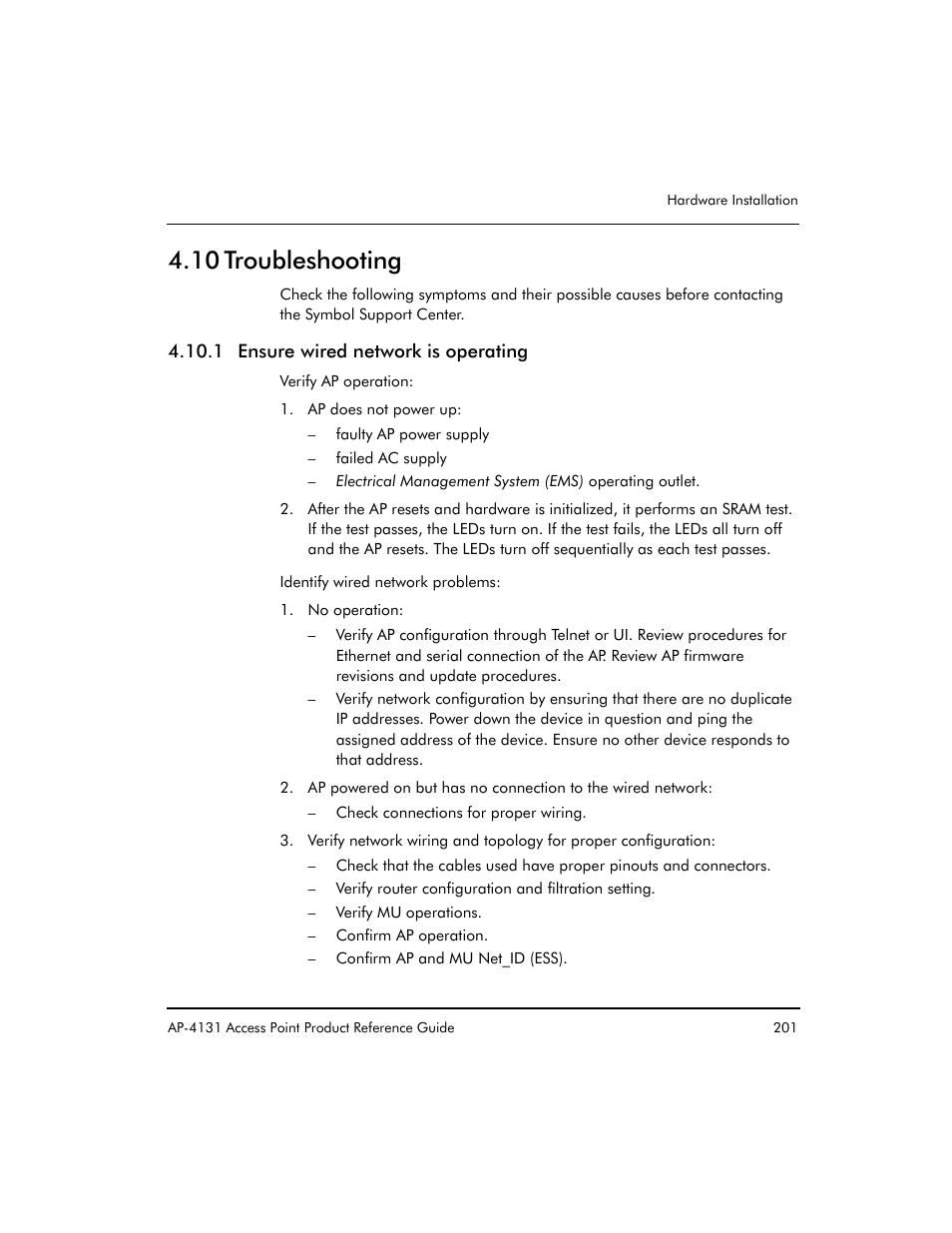 1 ensure wired network is operating, 10 troubleshooting | Symbol Technologies Spectrum24 AP-4131 User Manual | Page 211 / 250