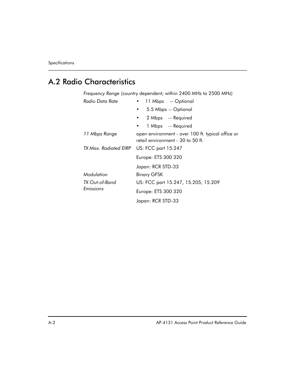 A.2 radio characteristics | Symbol Technologies Spectrum24 AP-4131 User Manual | Page 214 / 250