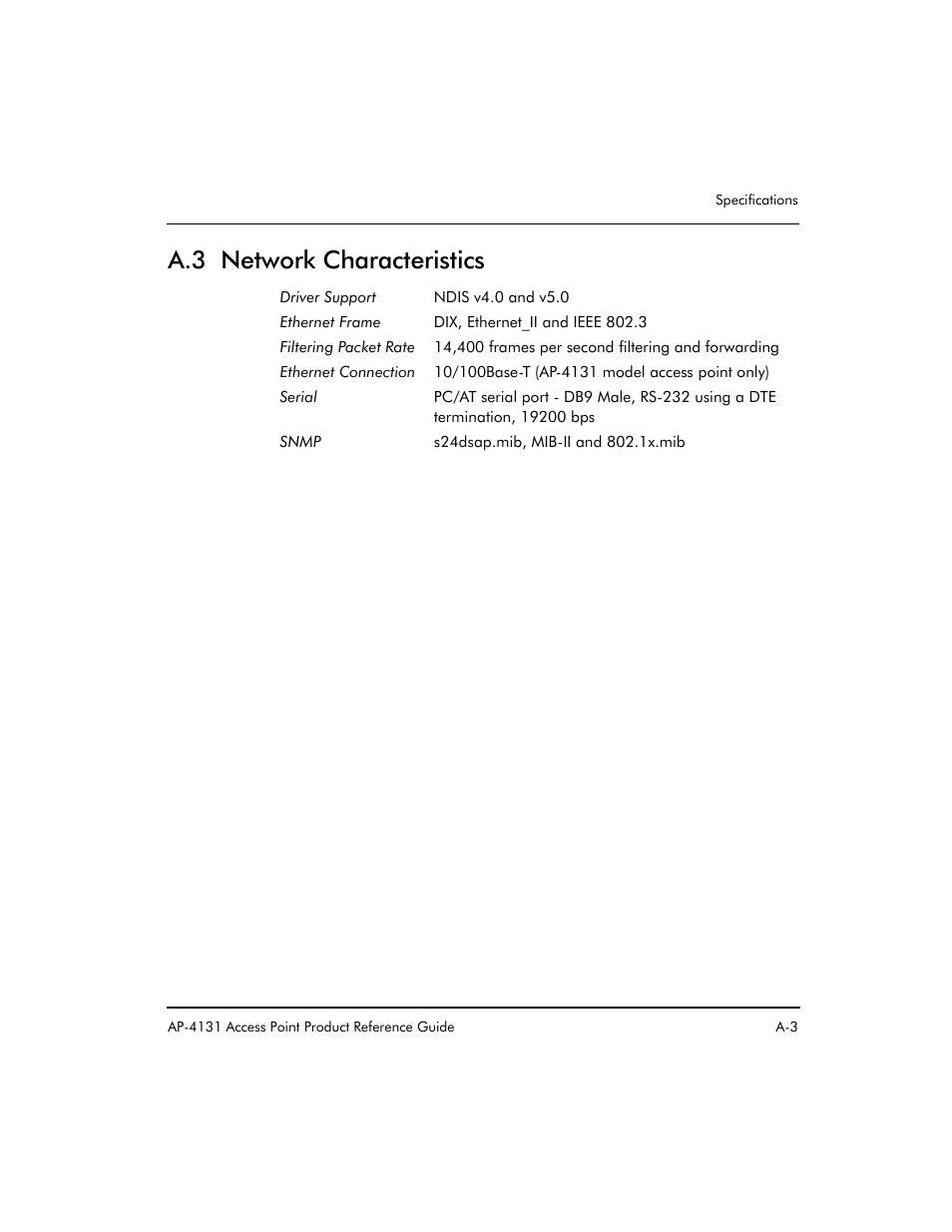 A.3 network characteristics | Symbol Technologies Spectrum24 AP-4131 User Manual | Page 215 / 250