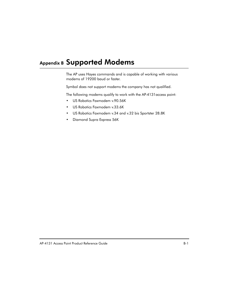 Appendix b supported modems, Supported modems | Symbol Technologies Spectrum24 AP-4131 User Manual | Page 217 / 250