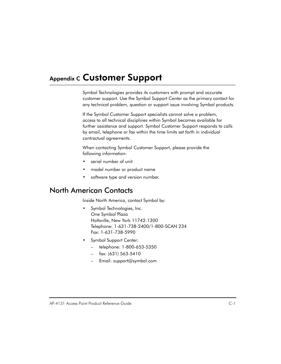 Appendix c customer support, Customer support, North american contacts | Symbol Technologies Spectrum24 AP-4131 User Manual | Page 219 / 250