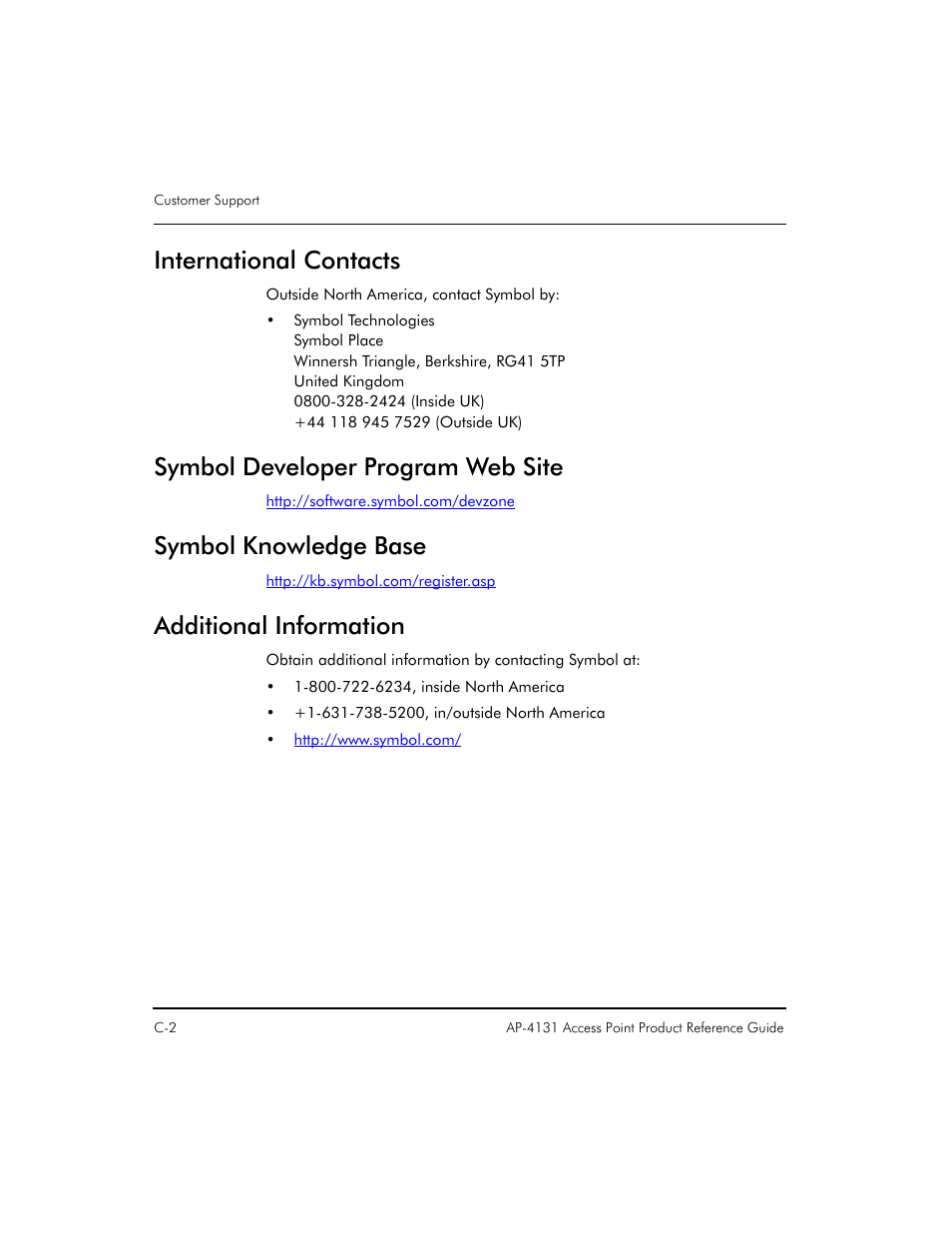 International contacts, Symbol developer program web site, Symbol knowledge base | Additional information | Symbol Technologies Spectrum24 AP-4131 User Manual | Page 220 / 250