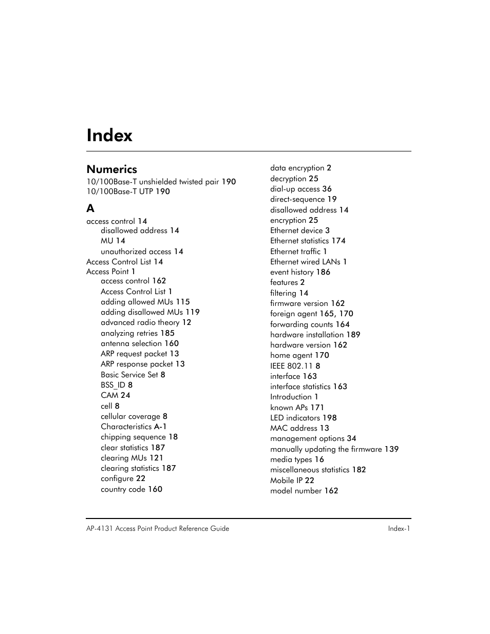 Numerics, Index, Inde | Symbol Technologies Spectrum24 AP-4131 User Manual | Page 241 / 250