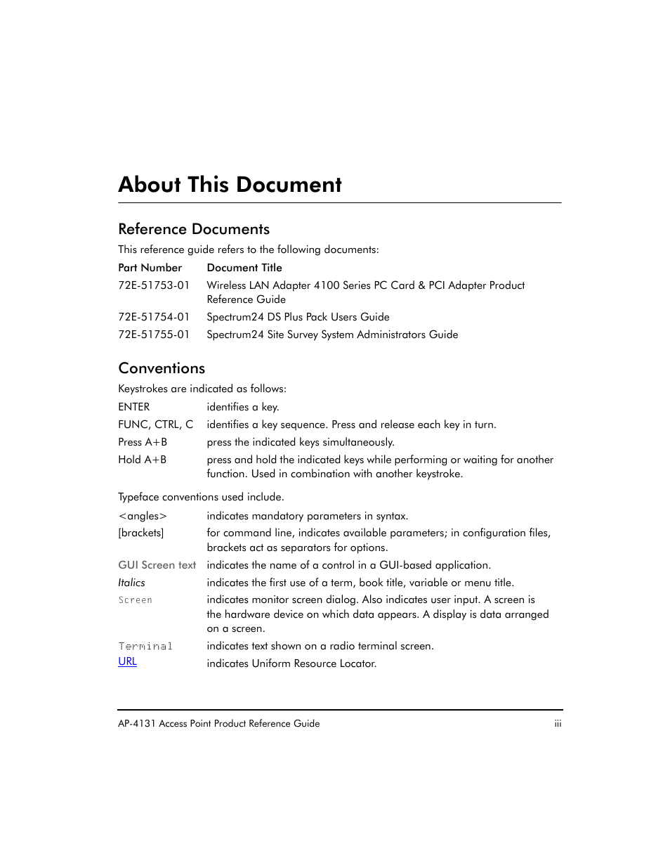 About this document, Reference documents, Conventions | Symbol Technologies Spectrum24 AP-4131 User Manual | Page 3 / 250