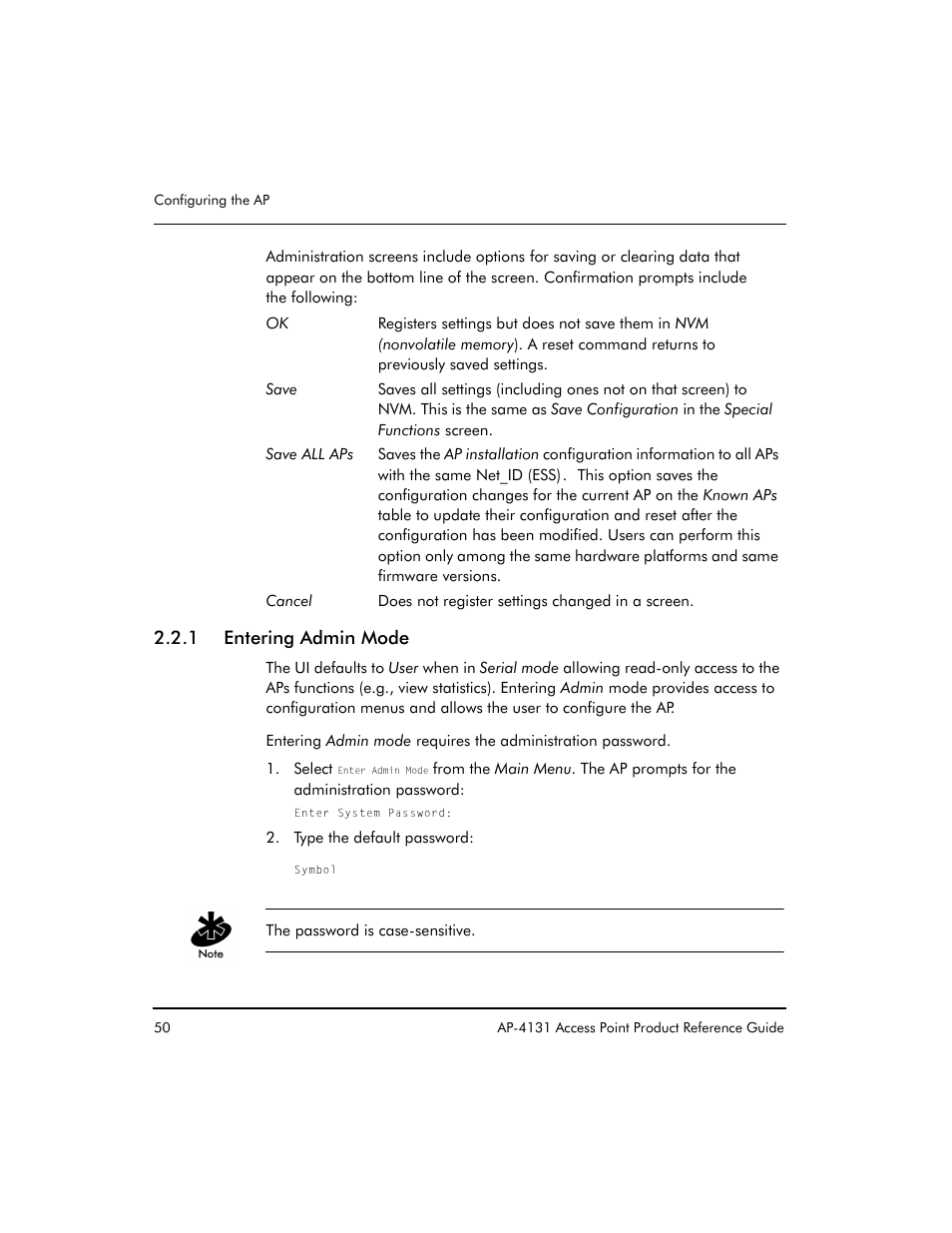 1 entering admin mode | Symbol Technologies Spectrum24 AP-4131 User Manual | Page 60 / 250