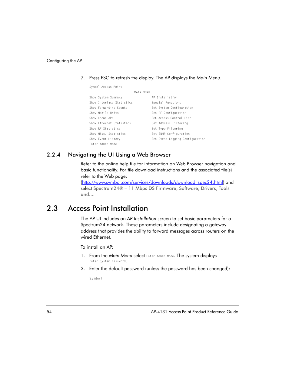 4 navigating the ui using a web browser, 3 access point installation | Symbol Technologies Spectrum24 AP-4131 User Manual | Page 64 / 250