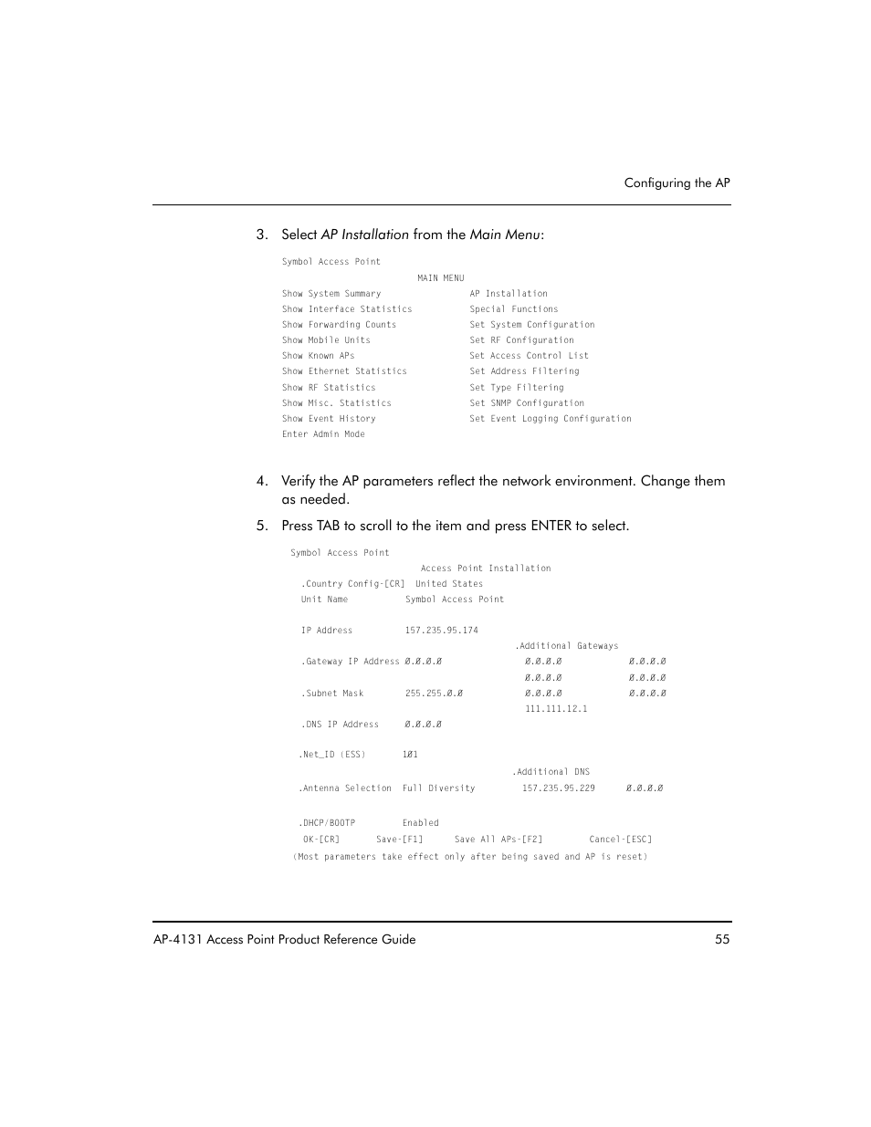 Select ap installation from the main menu | Symbol Technologies Spectrum24 AP-4131 User Manual | Page 65 / 250