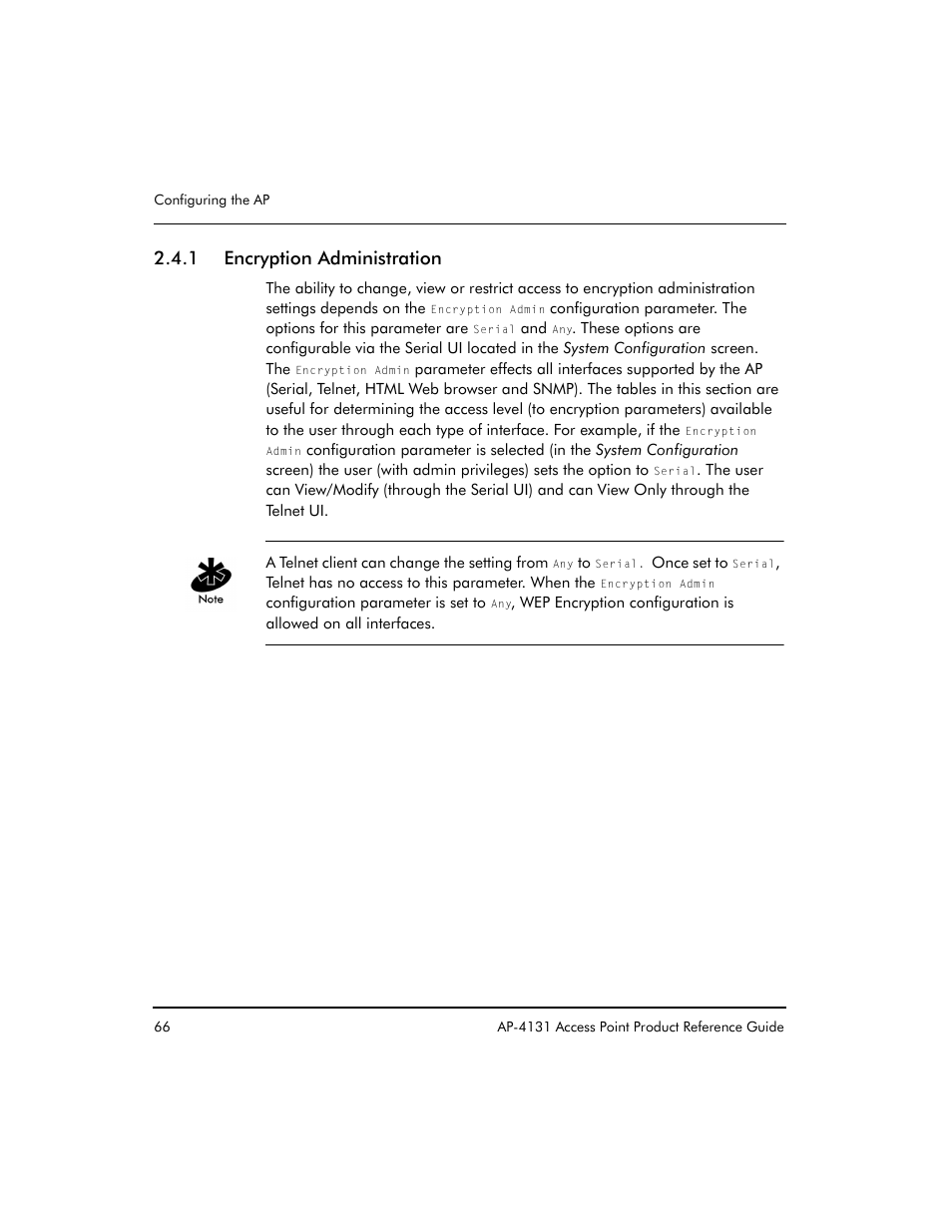 1 encryption administration | Symbol Technologies Spectrum24 AP-4131 User Manual | Page 76 / 250