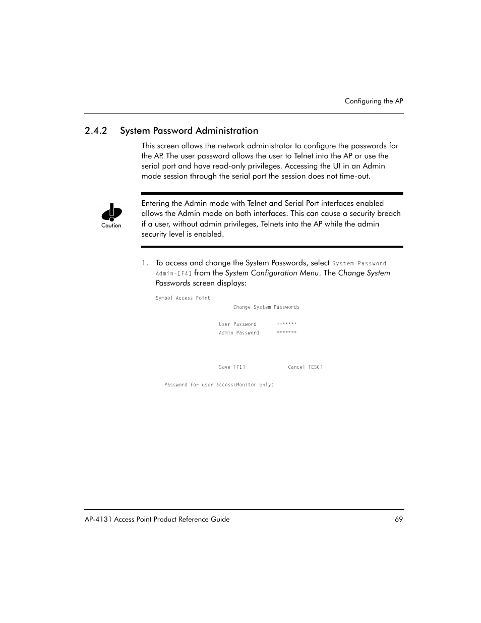 2 system password administration | Symbol Technologies Spectrum24 AP-4131 User Manual | Page 79 / 250