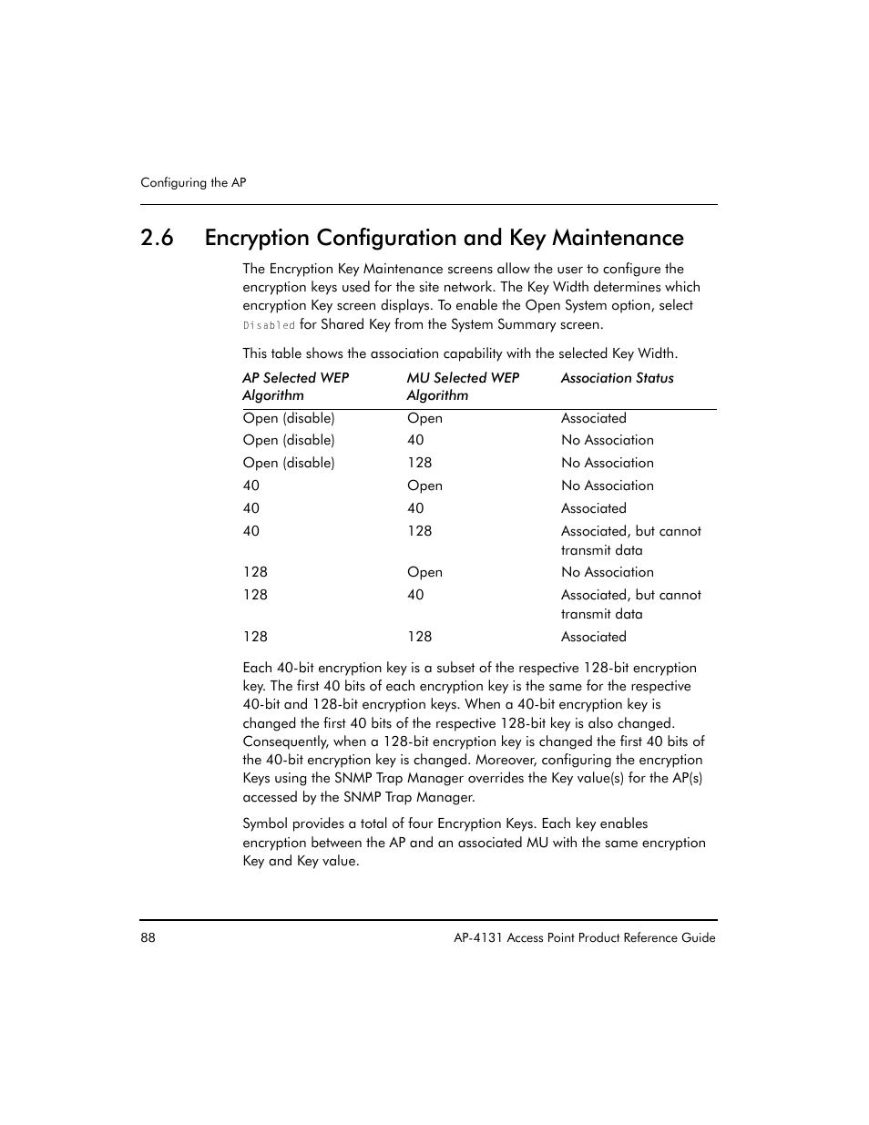 6 encryption configuration and key maintenance | Symbol Technologies Spectrum24 AP-4131 User Manual | Page 98 / 250