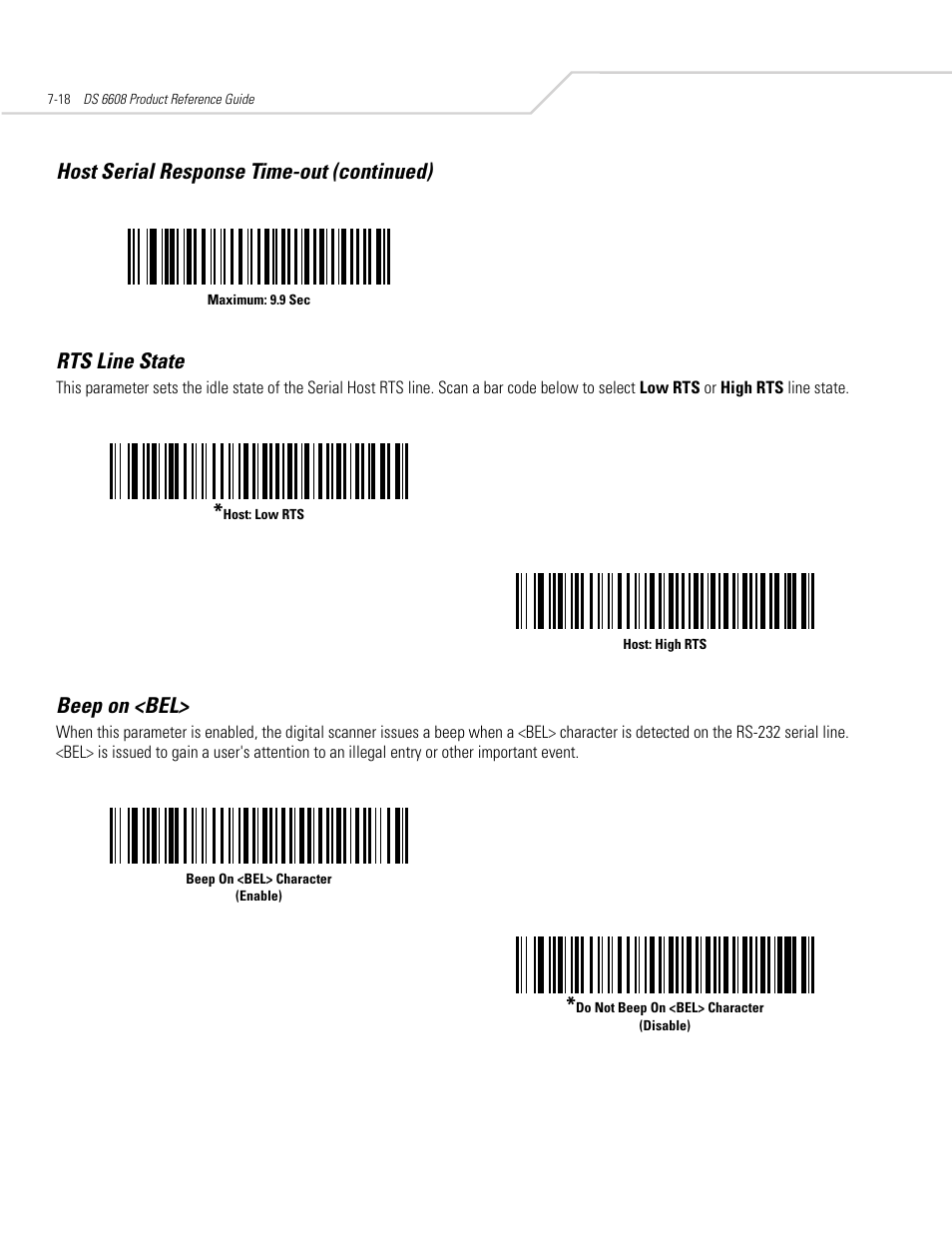 Rts line state, Beep on <bel, Rts line state -18 beep on <bel> -18 | Symbol Technologies DS 6608 User Manual | Page 100 / 396