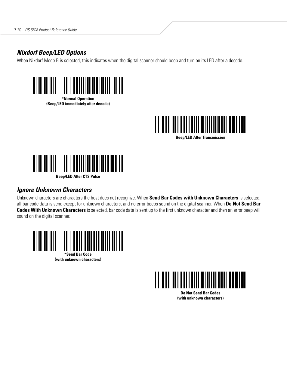 Nixdorf beep/led options, Ignore unknown characters, Nixdorf beep/led options -20 | Ignore unknown characters -20 | Symbol Technologies DS 6608 User Manual | Page 102 / 396