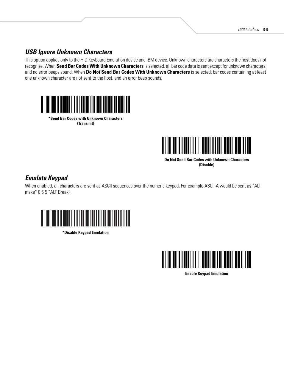 Usb ignore unknown characters, Emulate keypad, Usb ignore unknown characters -9 emulate keypad -9 | Symbol Technologies DS 6608 User Manual | Page 115 / 396