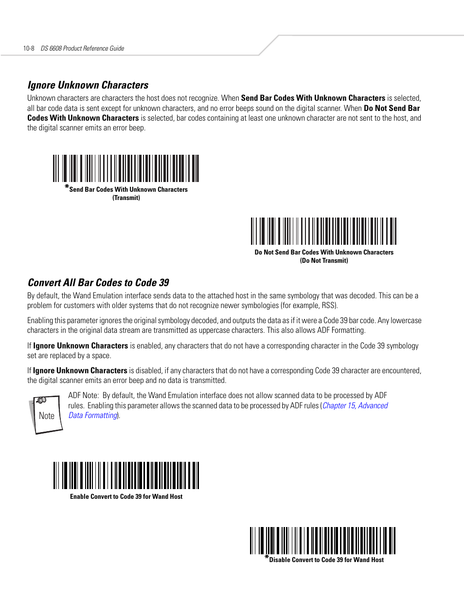 Ignore unknown characters, Convert all bar codes to code 39, Ignore unknown characters -8 | Convert all bar codes to code 39 -8 | Symbol Technologies DS 6608 User Manual | Page 140 / 396