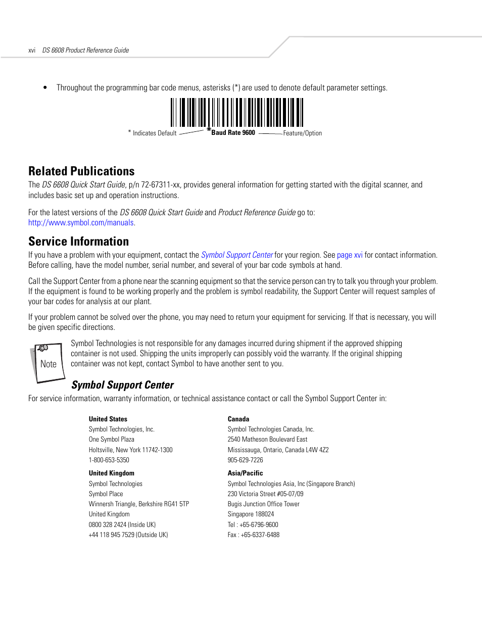 Related publications, Service information, Symbol support center | Symbol Technologies DS 6608 User Manual | Page 16 / 396