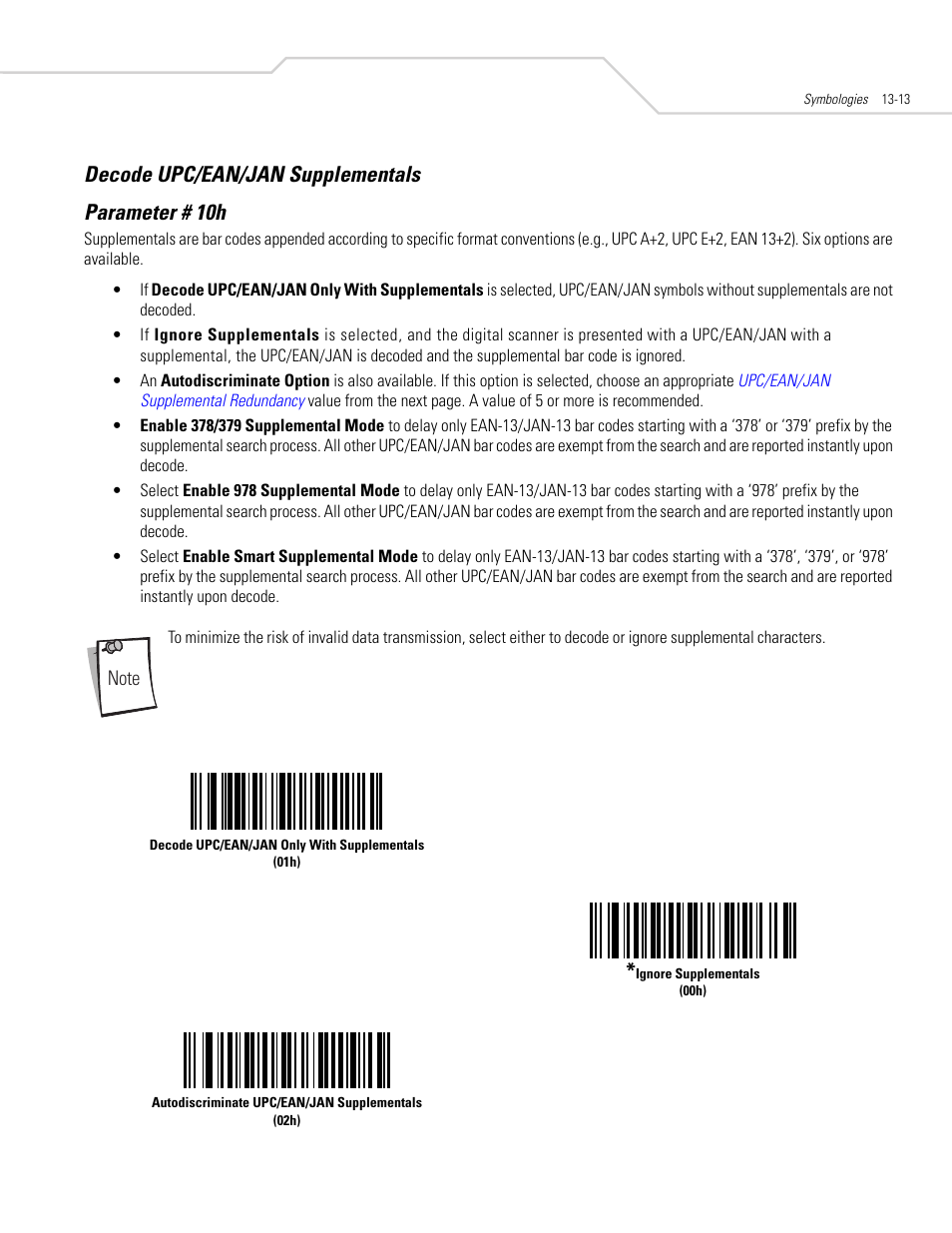 Decode upc/ean/jan supplementals, Decode upc/ean/jan supplementals -13, Decode upc/ean/jan supplementals parameter # 10h | Symbol Technologies DS 6608 User Manual | Page 171 / 396