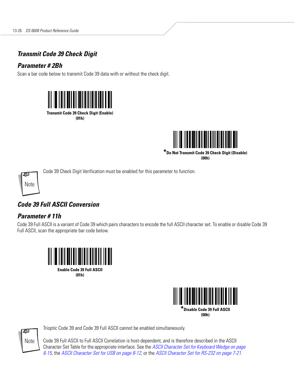 Transmit code 39 check digit, Code 39 full ascii conversion, Transmit code 39 check digit -26 | Code 39 full ascii conversion -26, Transmit code 39 check digit parameter # 2bh, Code 39 full ascii conversion parameter # 11h | Symbol Technologies DS 6608 User Manual | Page 184 / 396