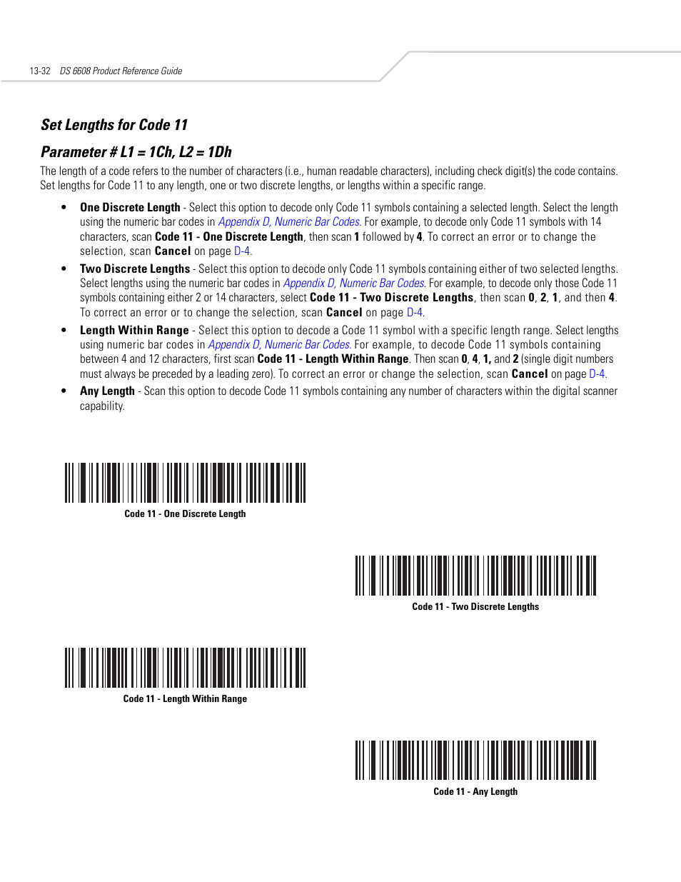 Set lengths for code 11, Set lengths for code 11 -32 | Symbol Technologies DS 6608 User Manual | Page 190 / 396