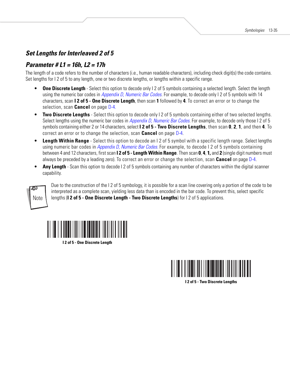 Set lengths for interleaved 2 of 5, Set lengths for interleaved 2 of 5 -35 | Symbol Technologies DS 6608 User Manual | Page 193 / 396