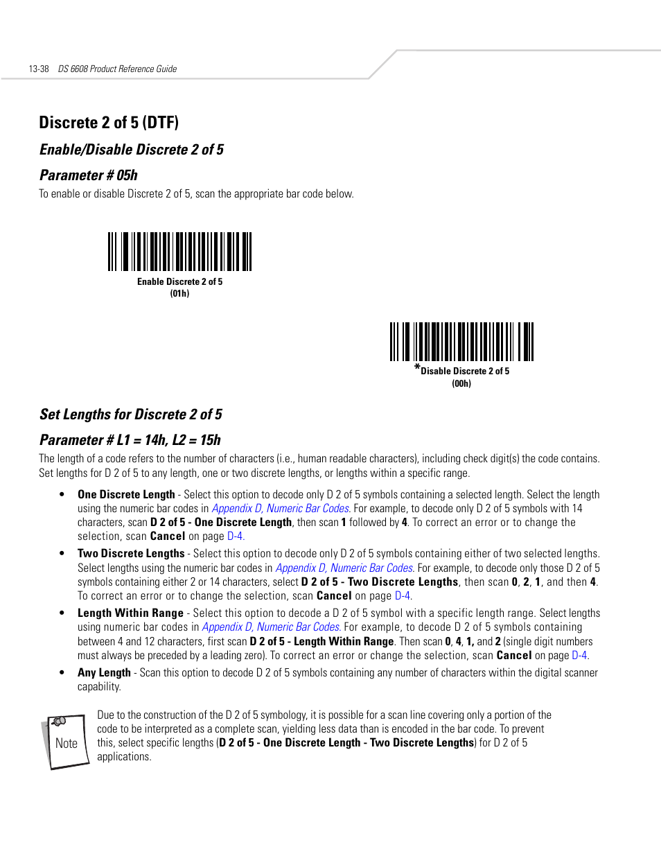 Discrete 2 of 5 (dtf), Enable/disable discrete 2 of 5, Set lengths for discrete 2 of 5 | Discrete 2 of 5 (dtf) -38, Enable/disable discrete 2 of 5 parameter # 05h | Symbol Technologies DS 6608 User Manual | Page 196 / 396