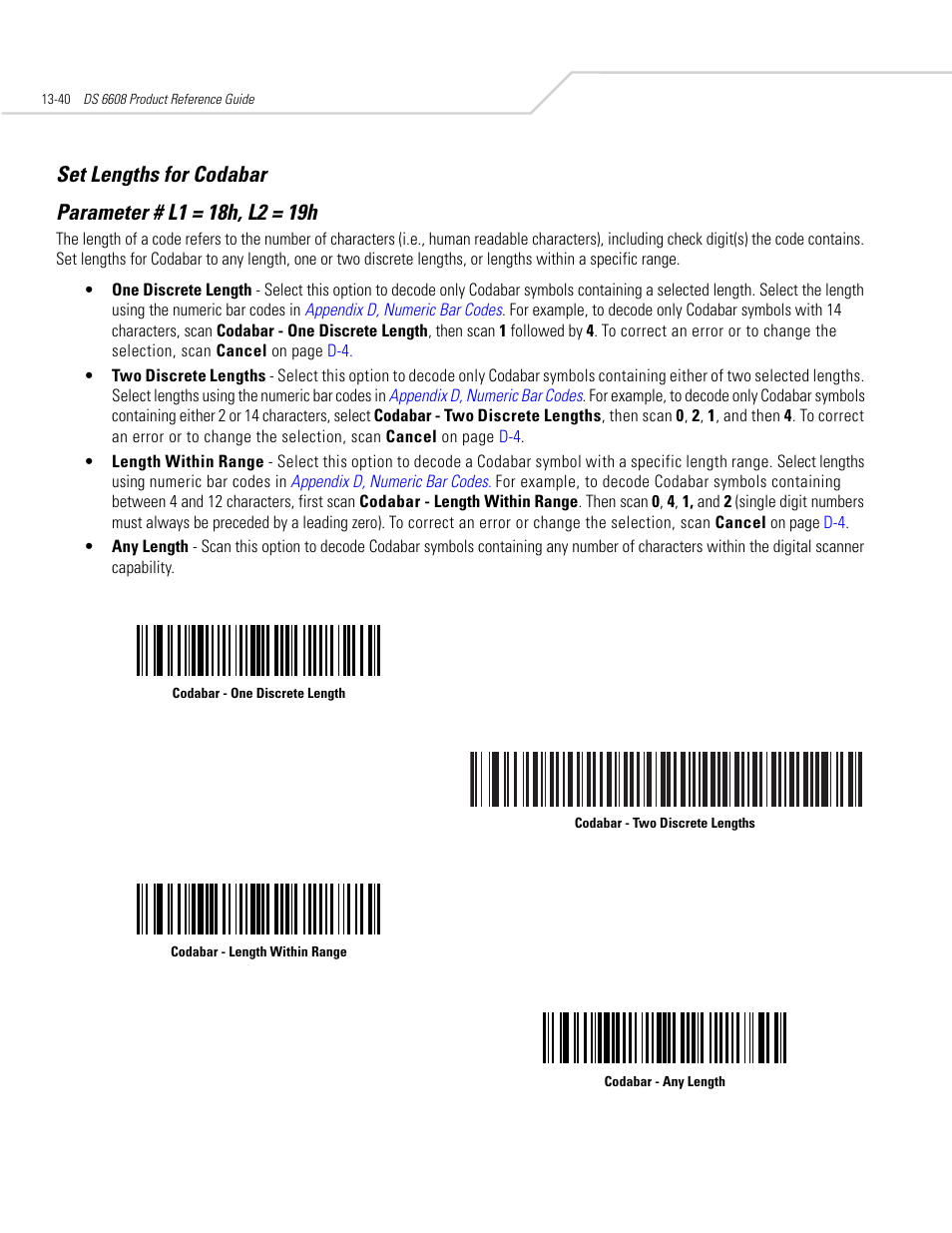 Set lengths for codabar, Set lengths for codabar -40 | Symbol Technologies DS 6608 User Manual | Page 198 / 396