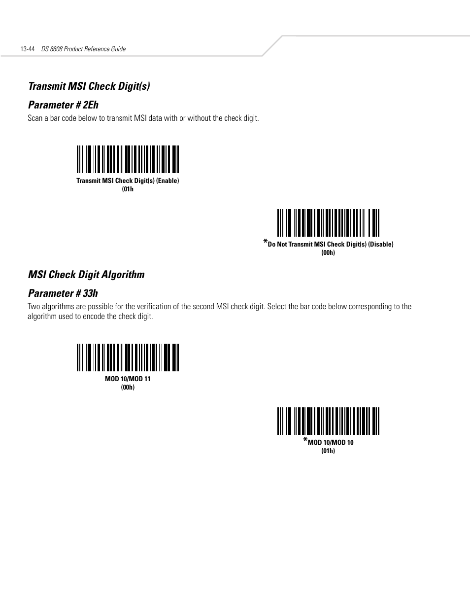 Transmit msi check digit(s), Msi check digit algorithm, Transmit msi check digit(s) -44 | Msi check digit algorithm -44, Transmit msi check digit(s) parameter # 2eh, Msi check digit algorithm parameter # 33h | Symbol Technologies DS 6608 User Manual | Page 202 / 396