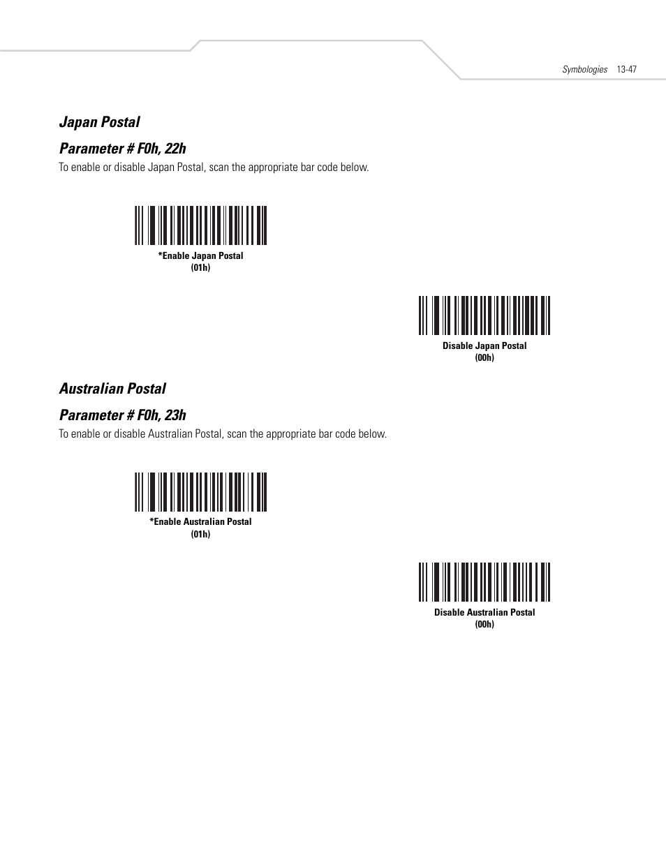 Japan postal, Australian postal, Japan postal -47 | Australian postal -47, Japan postal -47 australian postal -47, Japan postal parameter # f0h, 22h, Australian postal parameter # f0h, 23h | Symbol Technologies DS 6608 User Manual | Page 205 / 396