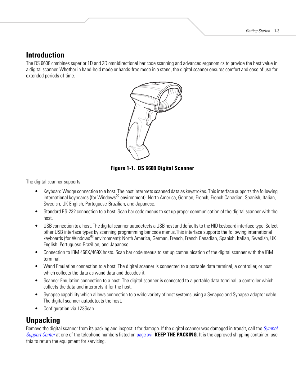 Introduction, Unpacking, Introduction -3 unpacking -3 | Symbol Technologies DS 6608 User Manual | Page 21 / 396