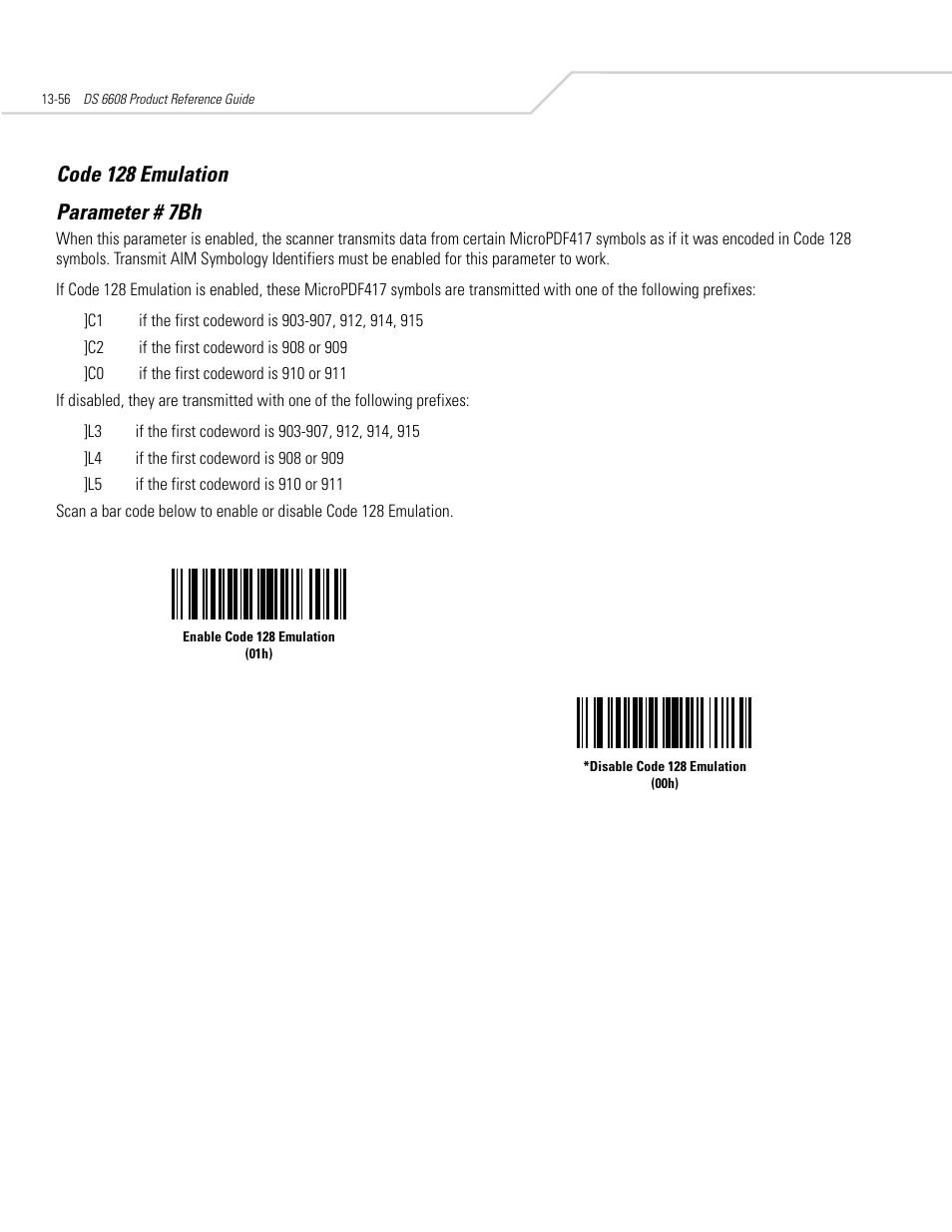 Code 128 emulation, Code 128 emulation -56, Code 128 emulation parameter # 7bh | Symbol Technologies DS 6608 User Manual | Page 214 / 396