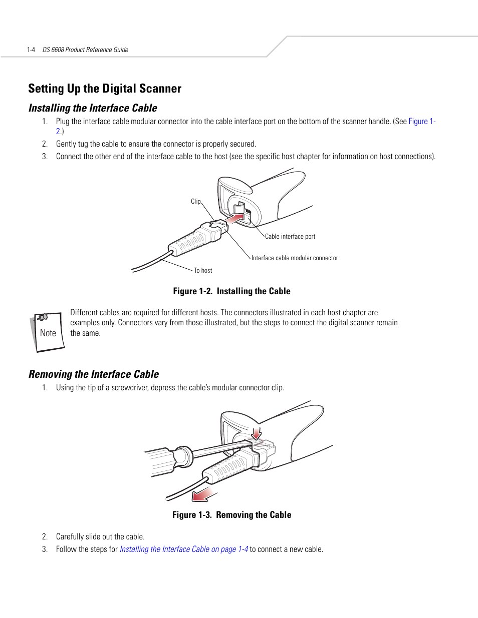 Setting up the digital scanner, Installing the interface cable, Removing the interface cable | Setting up the digital scanner -4 | Symbol Technologies DS 6608 User Manual | Page 22 / 396