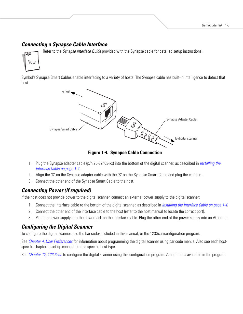 Connecting a synapse cable interface, Connecting power (if required), Configuring the digital scanner | Connecting a synapse cable interface -5 | Symbol Technologies DS 6608 User Manual | Page 23 / 396