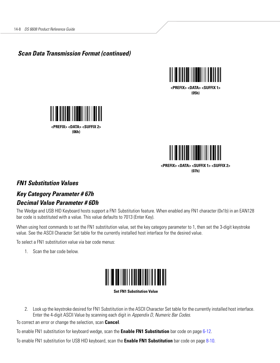 Fn1 substitution values, Fn1 substitution values -8, Scan data transmission format (continued) | Symbol Technologies DS 6608 User Manual | Page 230 / 396