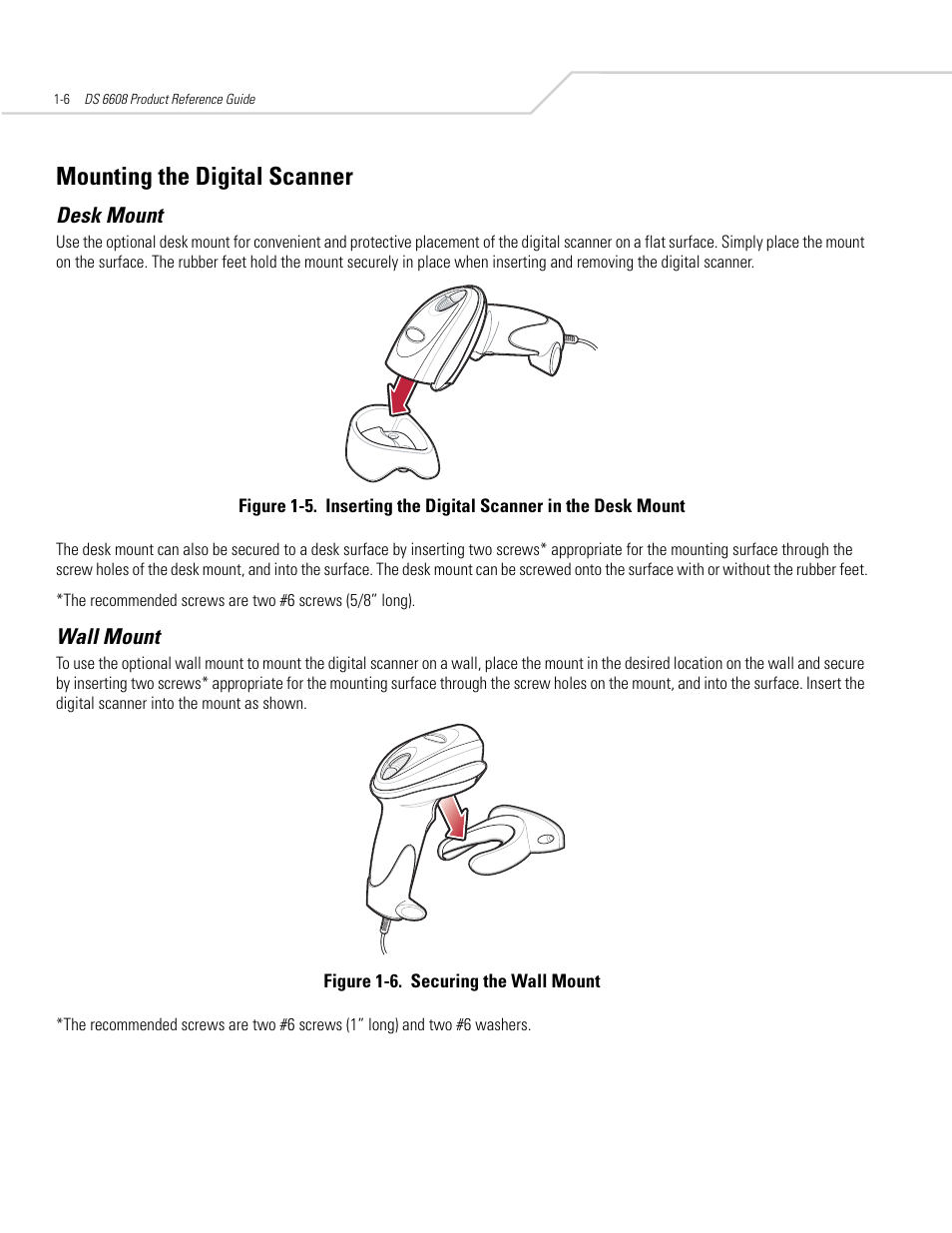 Mounting the digital scanner, Desk mount, Wall mount | Mounting the digital scanner -6, Desk mount -6 wall mount -6 | Symbol Technologies DS 6608 User Manual | Page 24 / 396