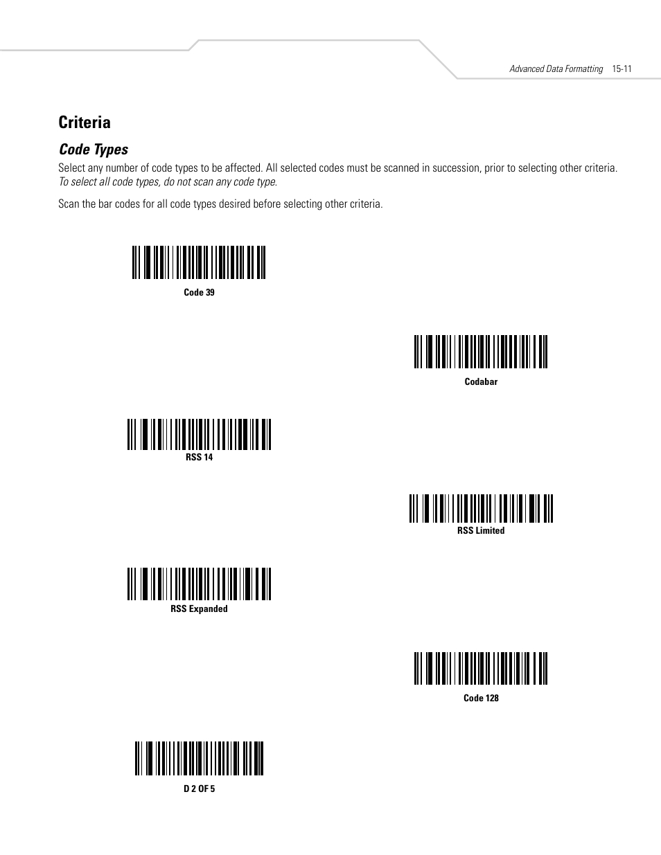 Criteria, Code types, Criteria -11 | Code types -11, Ed in | Symbol Technologies DS 6608 User Manual | Page 243 / 396