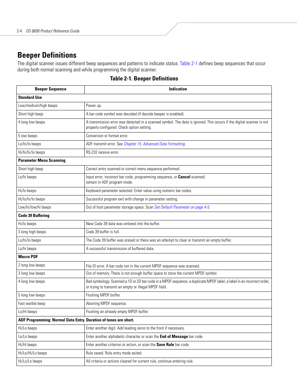 Beeper definitions, Beeper definitions -4, Table 2-1. beeper definitions | Symbol Technologies DS 6608 User Manual | Page 30 / 396