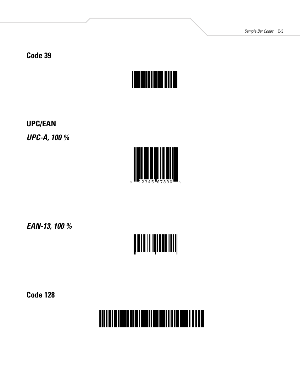 Code 39, Upc/ean, Upc-a, 100 | Ean-13, 100, Code 128 | Symbol Technologies DS 6608 User Manual | Page 357 / 396