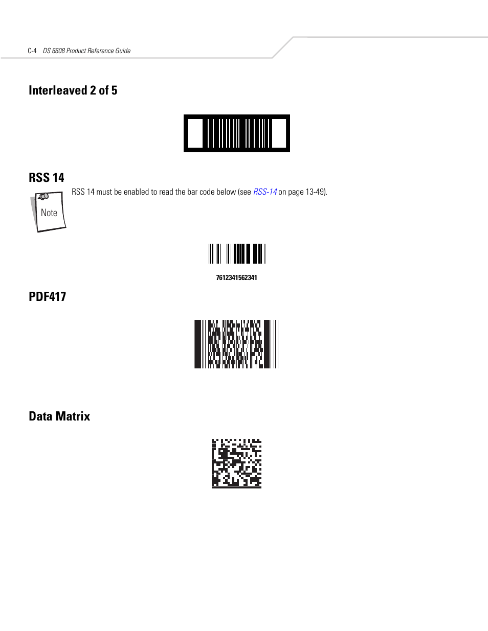 Interleaved 2 of 5, Rss 14, Pdf417 | Data matrix, Interleaved 2 of 5 rss 14, Pdf417 data matrix | Symbol Technologies DS 6608 User Manual | Page 358 / 396
