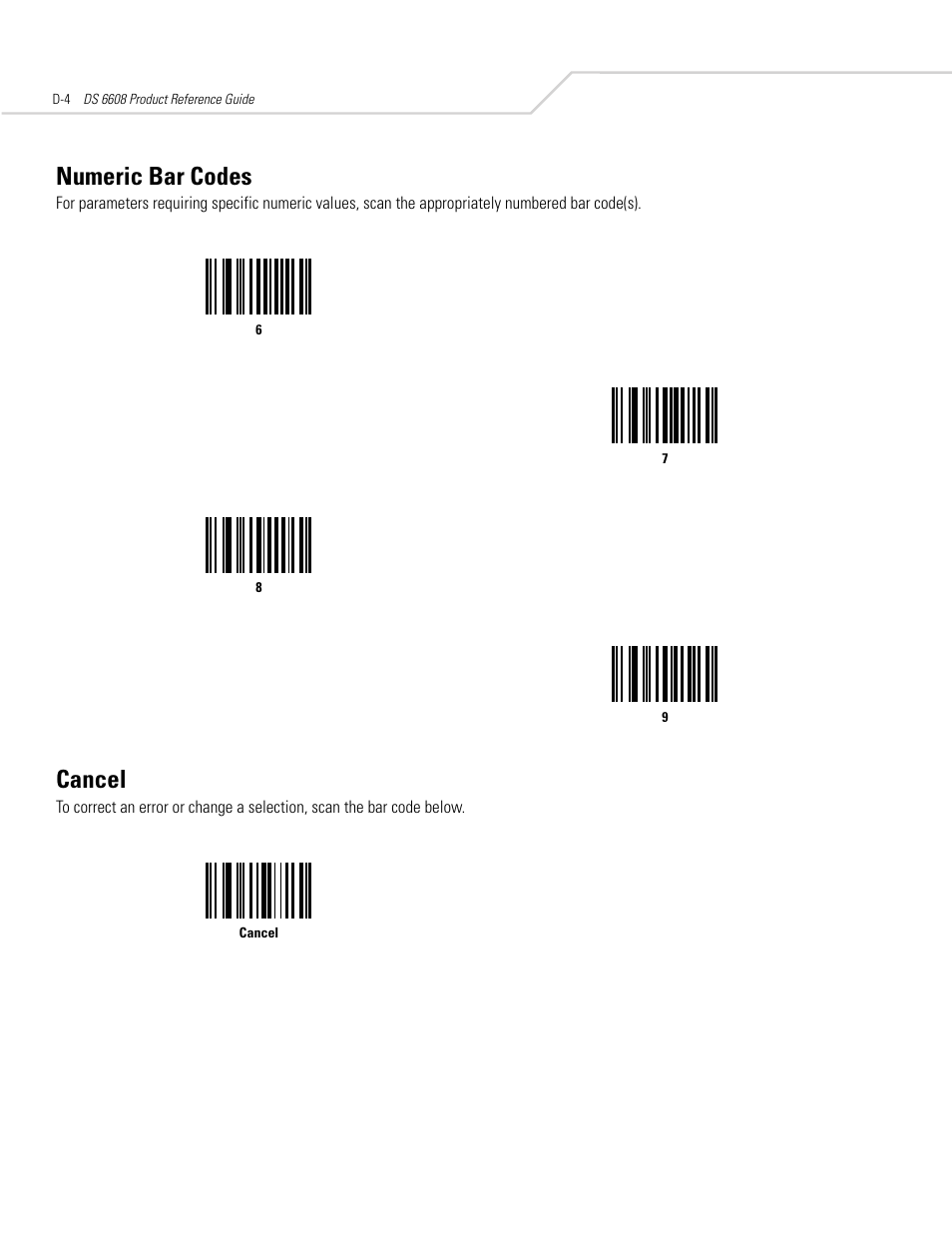 Cancel, Numeric bar codes | Symbol Technologies DS 6608 User Manual | Page 364 / 396