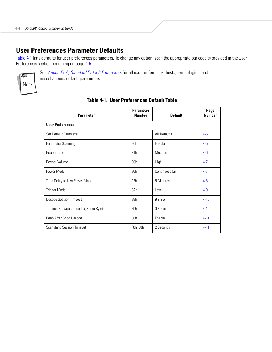 User preferences parameter defaults, User preferences parameter defaults -4 | Symbol Technologies DS 6608 User Manual | Page 46 / 396