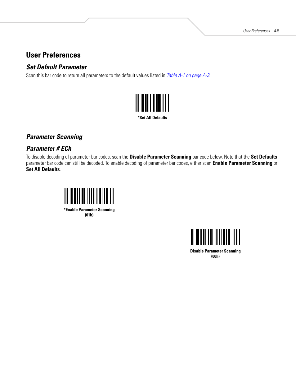 User preferences, Set default parameter, Parameter scanning | User preferences -5, Set default parameter -5 parameter scanning -5, Parameter scanning parameter # ech | Symbol Technologies DS 6608 User Manual | Page 47 / 396