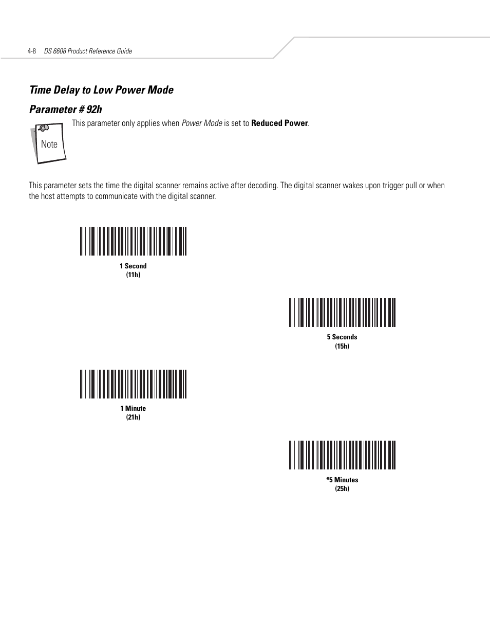 Time delay to low power mode, Time delay to low power mode -8, Time delay to low power mode parameter # 92h | Symbol Technologies DS 6608 User Manual | Page 50 / 396