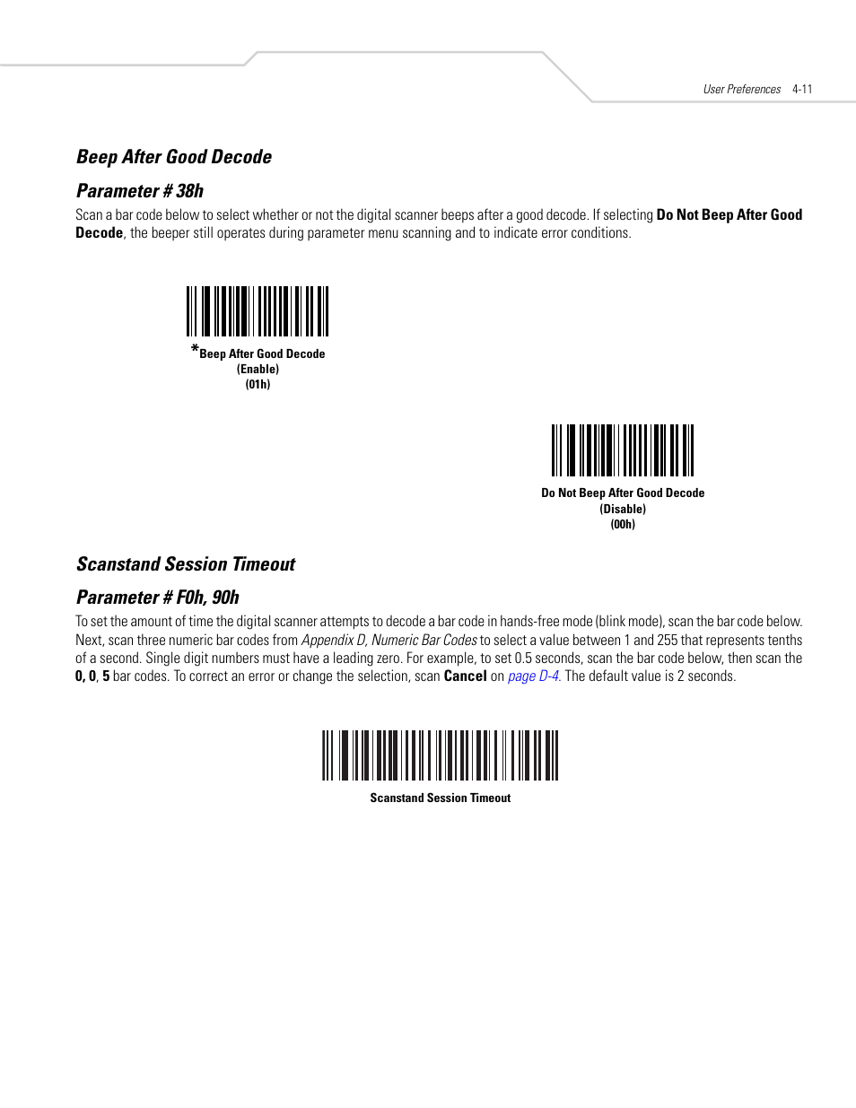 Beep after good decode, Scanstand session timeout, Beep after good decode parameter # 38h | Scanstand session timeout parameter # f0h, 90h | Symbol Technologies DS 6608 User Manual | Page 53 / 396