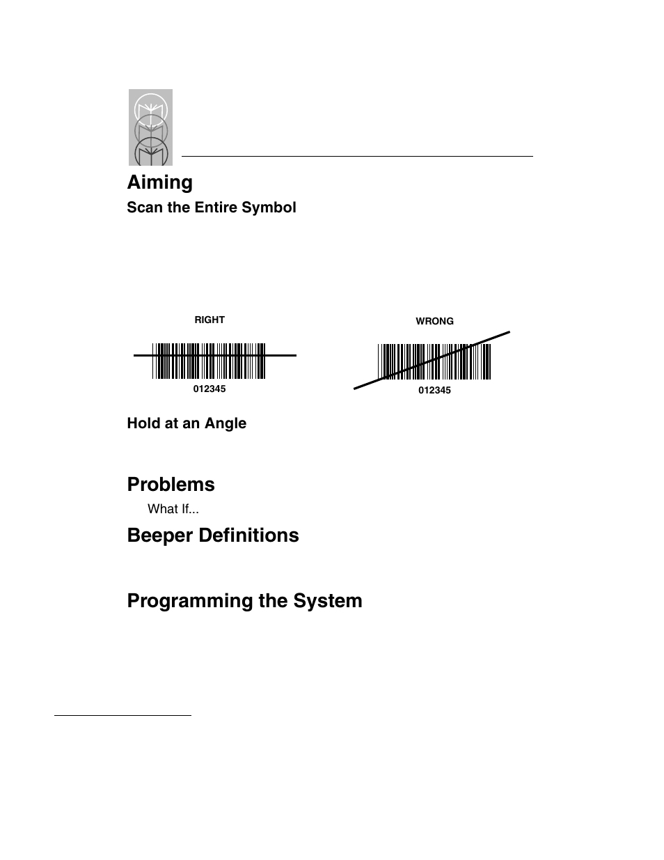 Aiming, Problems, Beeper definitions | Programming the system, Aiming -8, Scan the entire symbol -8 hold at an angle -8 | Symbol Technologies LS 3603 User Manual | Page 16 / 138