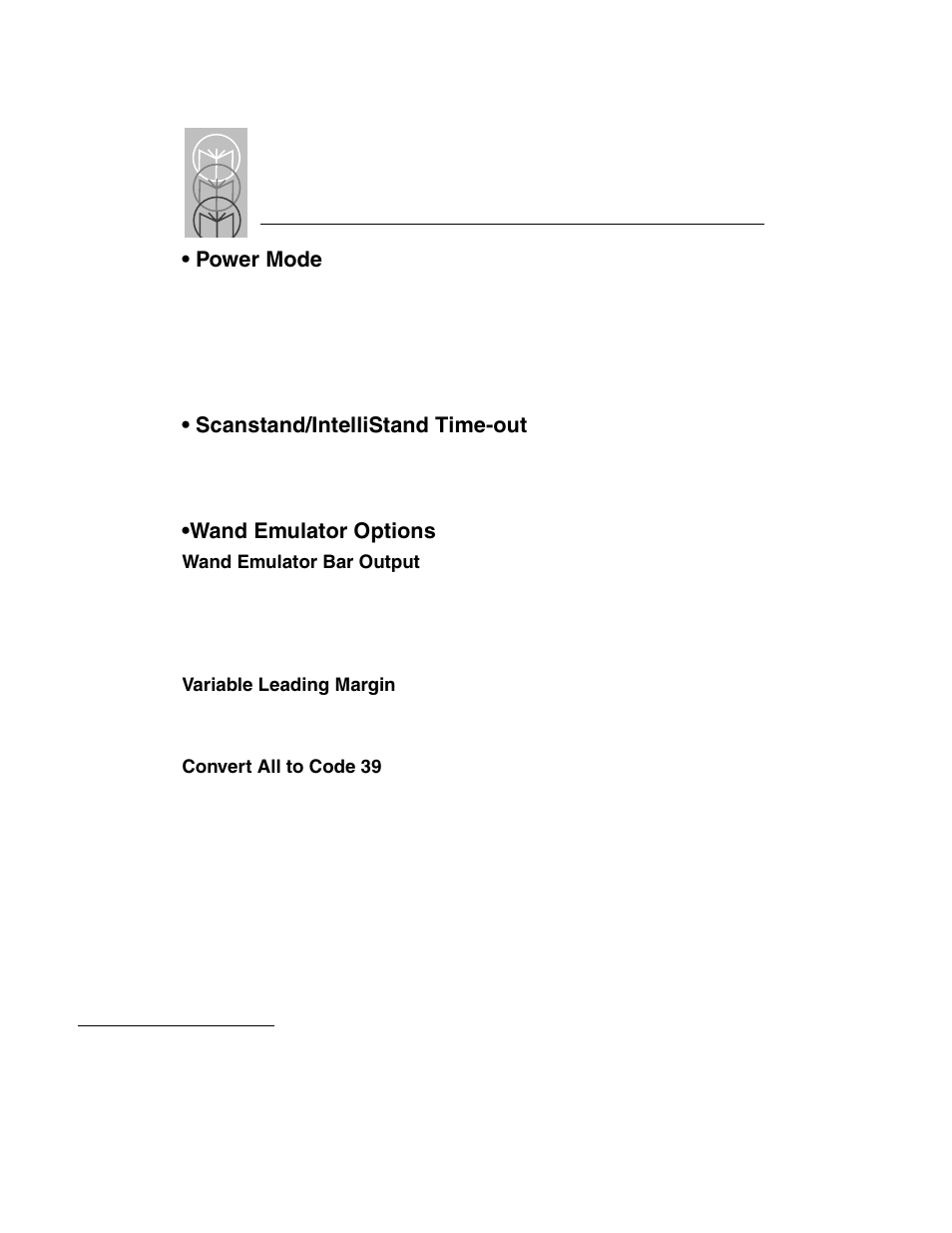 Power mode, Scanstand/intellistand time-out, Wand emulator options | Power mode -16, Wand emulator options -16 | Symbol Technologies LS 3603 User Manual | Page 44 / 138