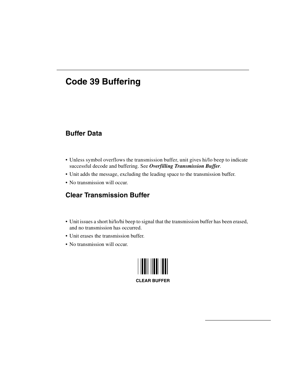 Code 39 buffering, Buffer data, Clear transmission buffer | Code 39 buffering -21, Buffer data -21 clear transmission buffer -21 | Symbol Technologies LS 3603 User Manual | Page 49 / 138