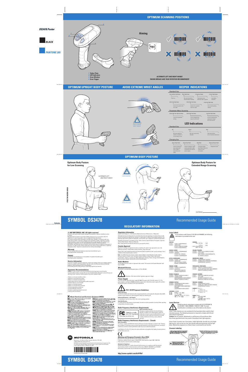 Symbol ds3478, Recommended usage guide, Optimum scanning positions | Optimum body posture, Aiming, Regulatory information, Ds3478 poster | Symbol Technologies DS3478 User Manual | Page 2 / 2