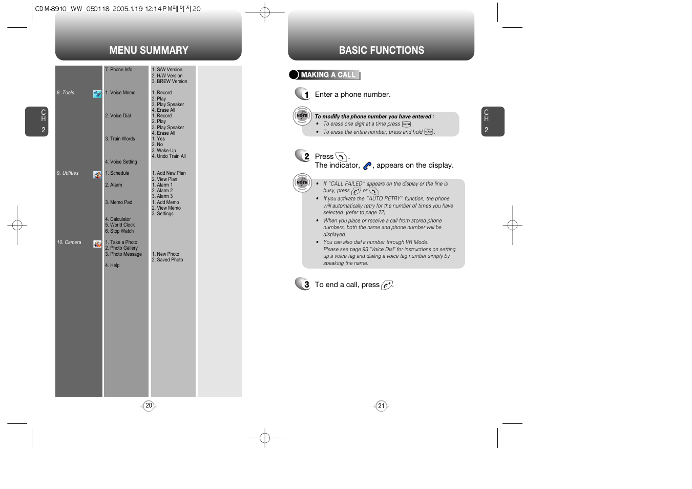 Menu summary, Basic functions | Symbol Technologies CDM-8910WW User Manual | Page 11 / 70