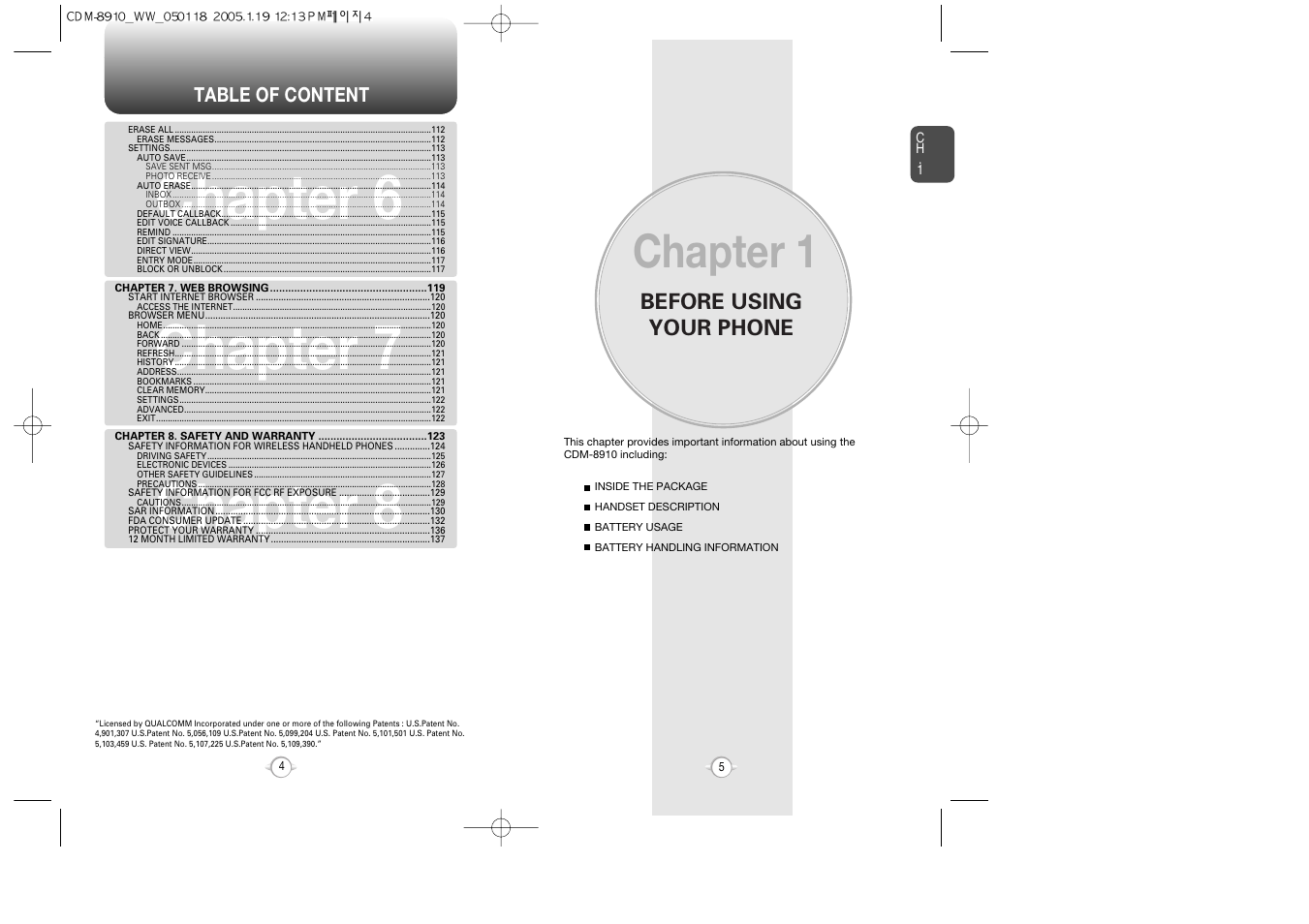 Chapter 6 chapter 7 chapter 8, Chapter 1, Before using your phone | Symbol Technologies CDM-8910WW User Manual | Page 3 / 70